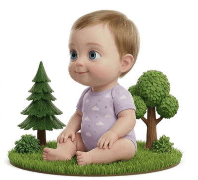 Baby sitting on grass next to trees